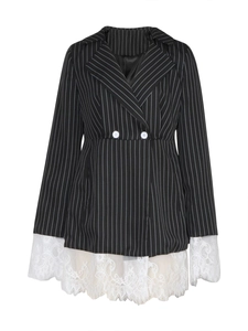 Women's black pinstripe blazer dress with elegant white lace cuffs and hemline detail