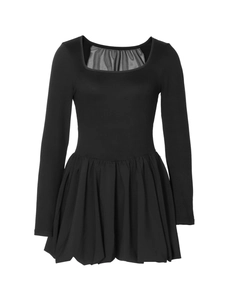 Elegant black long-sleeve dress with square neck mesh patchwork and pleated puffy skirt