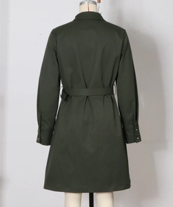 Rear view of an army green midi shirt dress featuring a waist belt and tailored back seams
