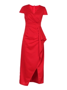 Elegant red V-neck wrap dress with ruffle detail and high slit for evening wear