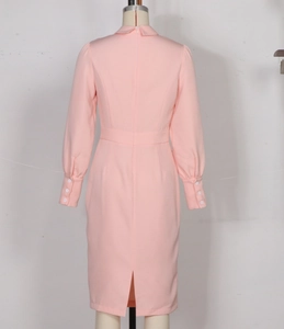 Rear view of a slim light pink dress featuring a waist-cinching cut and a back slit detail
