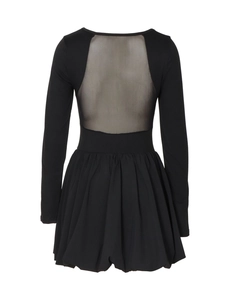 Detail of elegant black dress showing sheer mesh back panel and cinched waistline