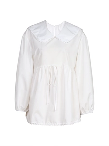 White long sleeve shirt with lace Peter Pan collar and drawstring waist for women