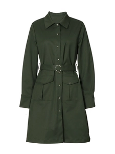 Elegant dark green long sleeve button-up shirt dress with utility pockets and belted waist