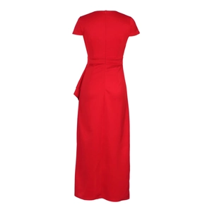 Rear view detail of a red slim fit maxi dress featuring waist seam and side wave ruffles