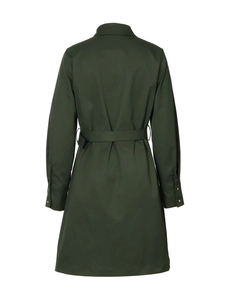 Back view of a dark green midi shirt dress with a waist tie and buttoned cuffs