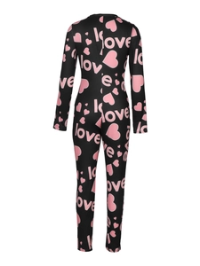 Close-up of the heart and love text print on a black slim-fit women's jumpsuit