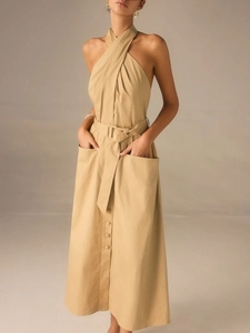Abito Lungo da Donna Stile Francese Scollo Halter Incrocio Davanti Schiena Scoperta Abito da Spiaggia Con Cintura e Tasche