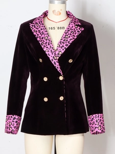 Women's dark purple velvet blazer with pink leopard lapels and gold buttons