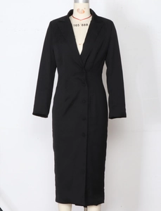 Detailed view of long sleeve blazer dress with matching buttons and cinched waistline