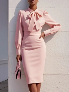 Elegant Pink Bow Neck Midi Dress Slim Fit Long Sleeve Office Party Fashion Women Bodycon Knitting Polyester Pencil Dress