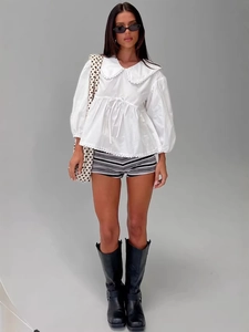 Women Vintage White Cotton Blend Blouse Peter Pan Collar Lace Long Sleeve Drawstring Waist Sweet Casual Shirt Top Fashion