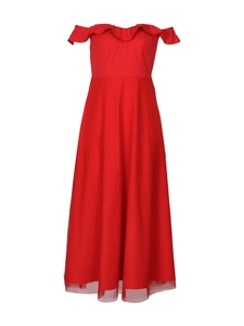 Elegant red off-shoulder evening gown with ruffled neckline and high-waist A-line silhouette