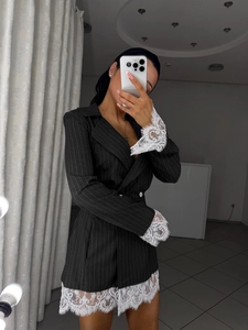 Women Sexy Striped Suit Dress Lace Splicing Long Sleeve Double Breasted Blazer Dress Elegant Mini Dress For Streetwear Party