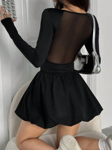 Elegant black long sleeve dress with sheer mesh back and flared A-line mini skirt