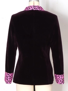 Deep purple velvet blazer for women featuring leopard print collar and cuffs on the back view