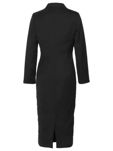 Rear view of a black slim-fit midi blazer dress featuring a structured back slit detail