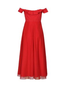 Close-up of red off-shoulder evening dress with sheer mesh overlay and ruffle detail