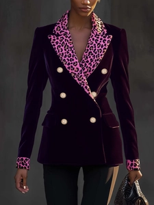 Elegant Women Velvet Blazer Jacket Leopard Print Contrast Lapel Gold Embossed Button Double Breasted Streetwear Party Outerwear