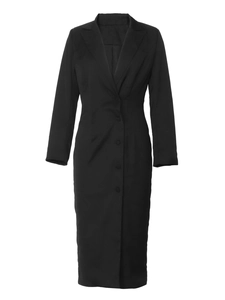 Slim fit black long sleeve blazer dress with a lapel collar and button closure