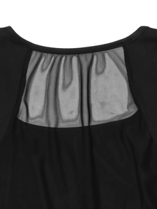 Detailed view of black mesh stitching and reinforced seams on a dress neckline
