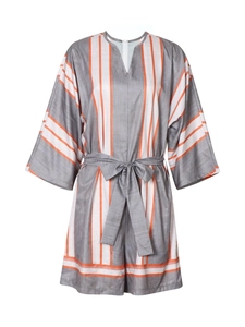 Women's casual striped romper with V-neck, short sleeves and waist tie for summer holidays
