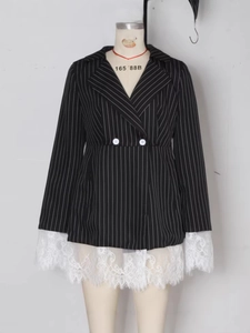 Vertical striped blazer dress with elegant lace trim and double-breasted design