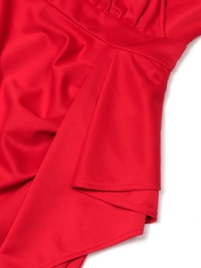 Elegant high waist red evening dress featuring draped pleats and tiered fabric design