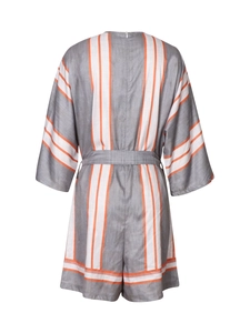 Back view of women's grey striped romper with waist tie and half sleeves in cotton linen