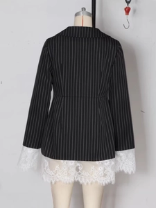 Chic black and white striped blazer dress with elegant lace patchwork hem for women