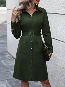 Detail of dark olive shirt dress featuring metallic buttons and round buckle belt detail