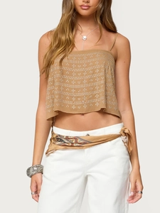 Canotta da Donna Sexy Cammello con Strass e Schiena Scoperta Spalline Sottili Lacci sul Retro Top Corto Estate Boho Streetwear