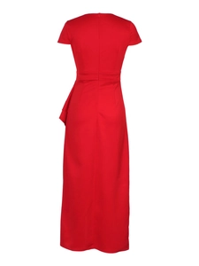 Red high-waist evening maxi dress with short sleeves and ruffle detail side