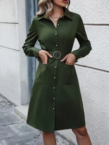 Women Elegant Shirt Dress Long Sleeve Lapel Button Down Belted Midi Dress With Large Pockets Safari Style Casual Office Wear