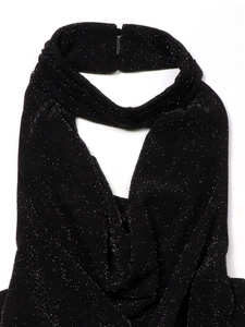 Abito sexy con allacciatura al collo in tessuto nero stampato in oro con paillettes