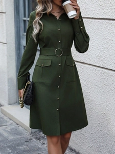 Elegant dark green long sleeve button-down shirt dress with waist belt and side pockets