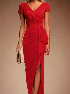 Elegant red V-neck evening gown with waist ruffles and high split hem for formal events