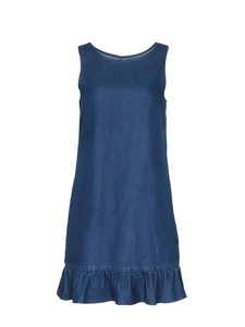 Abito smanicato in denim blu scuro con bordo a balze e scollo rotondo minimalista