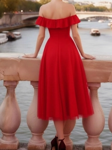 Elegant red off-shoulder tulle evening dress with layered skirt and slim fit waist