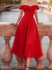 Elegant red off-shoulder evening dress with ruffled neckline and mesh A-line skirt