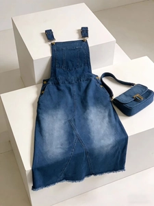 Vintage dark blue denim midi dress with adjustable straps and matching small crossbody bag