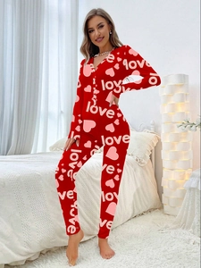 Women Slim Fit Long Sleeve V Neck Jumpsuit Heart Love Print Buttons Romper Casual Loungewear Valentine Party Bodysuit
