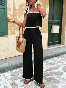Damen Casual Zwei Teiler Hosen Set Kontrastpaspelierung Schleife Schulter Crop Top Und Weites Bein Hosen Set Einfarbig Streetwear