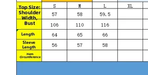 Size chart showing shoulder, bust, length, and sleeve measurements for polka dot jacket