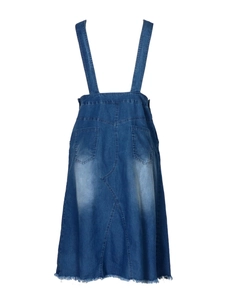 Detail view of denim midi dress back with pockets, washed finish, and raw hemline
