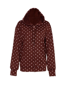 Women's dark brown zip-up hoodie with white polka dots featuring a drawstring and pockets