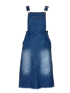 Detail of blue denim pinafore dress showing adjustable metal buckles and chest pocket