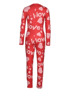 Back view of a red slim fit long sleeve jumpsuit with love letter and heart prints