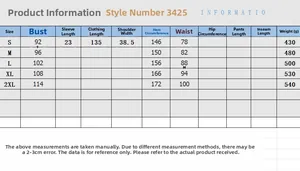 Size chart for long denim dress with bust and waist measurements for S-2XL sizes