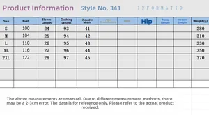 Detailed size chart for women's denim dress showing bust, sleeve, length, and shoulder data